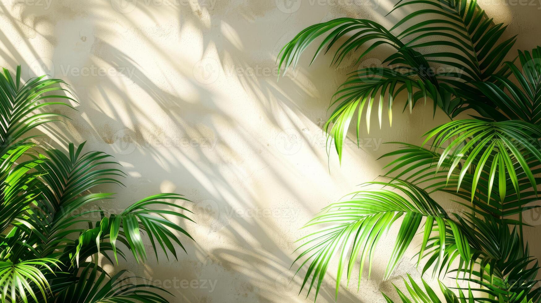 Beautiful palm leaves create elegant shadows on a beige wall, casting a serene ambiance with a touch of natures beauty photo