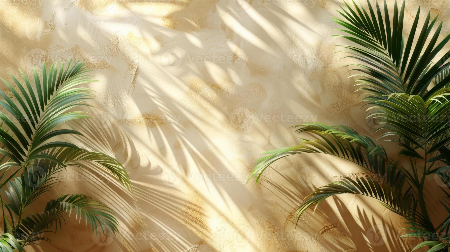 Tropical green palm leaves with sunlight and shadow on a sand-colored background, creating a summer vibe. photo