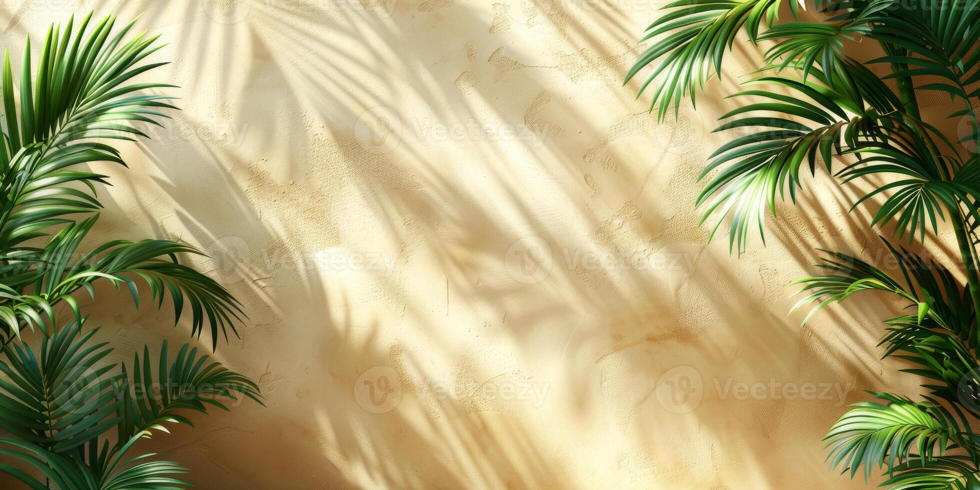 Beautiful palm leaves create elegant shadows on a beige wall, casting a serene ambiance with a touch of natures beauty photo