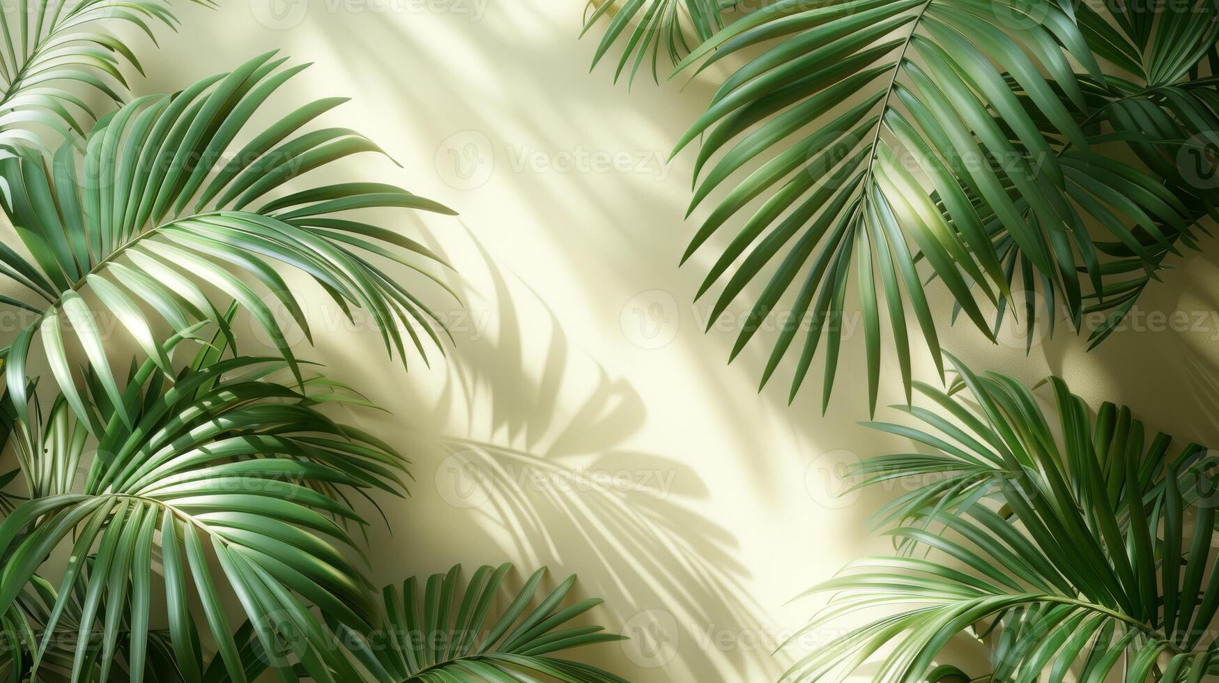 Beautiful palm leaves create elegant shadows on a beige wall, casting a serene ambiance with a touch of natures beauty photo