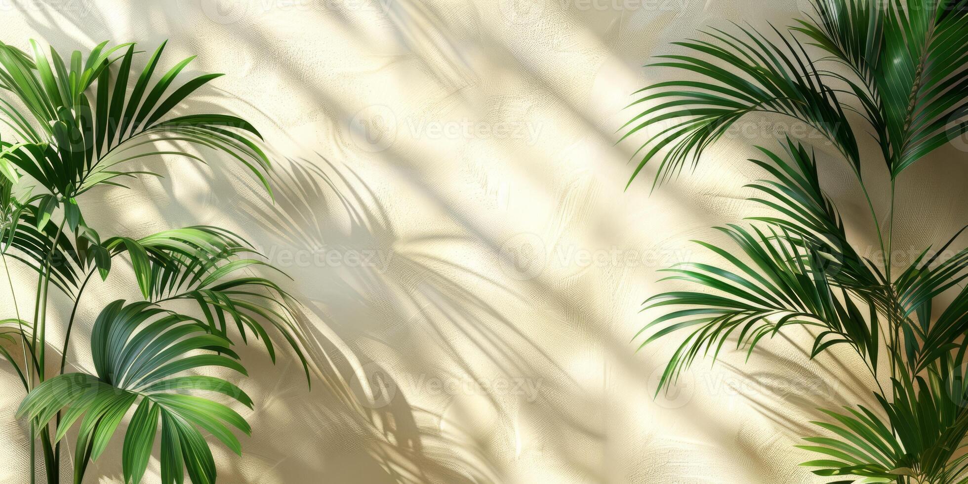 Beautiful palm leaves create elegant shadows on a beige wall, casting a serene ambiance with a touch of natures beauty photo