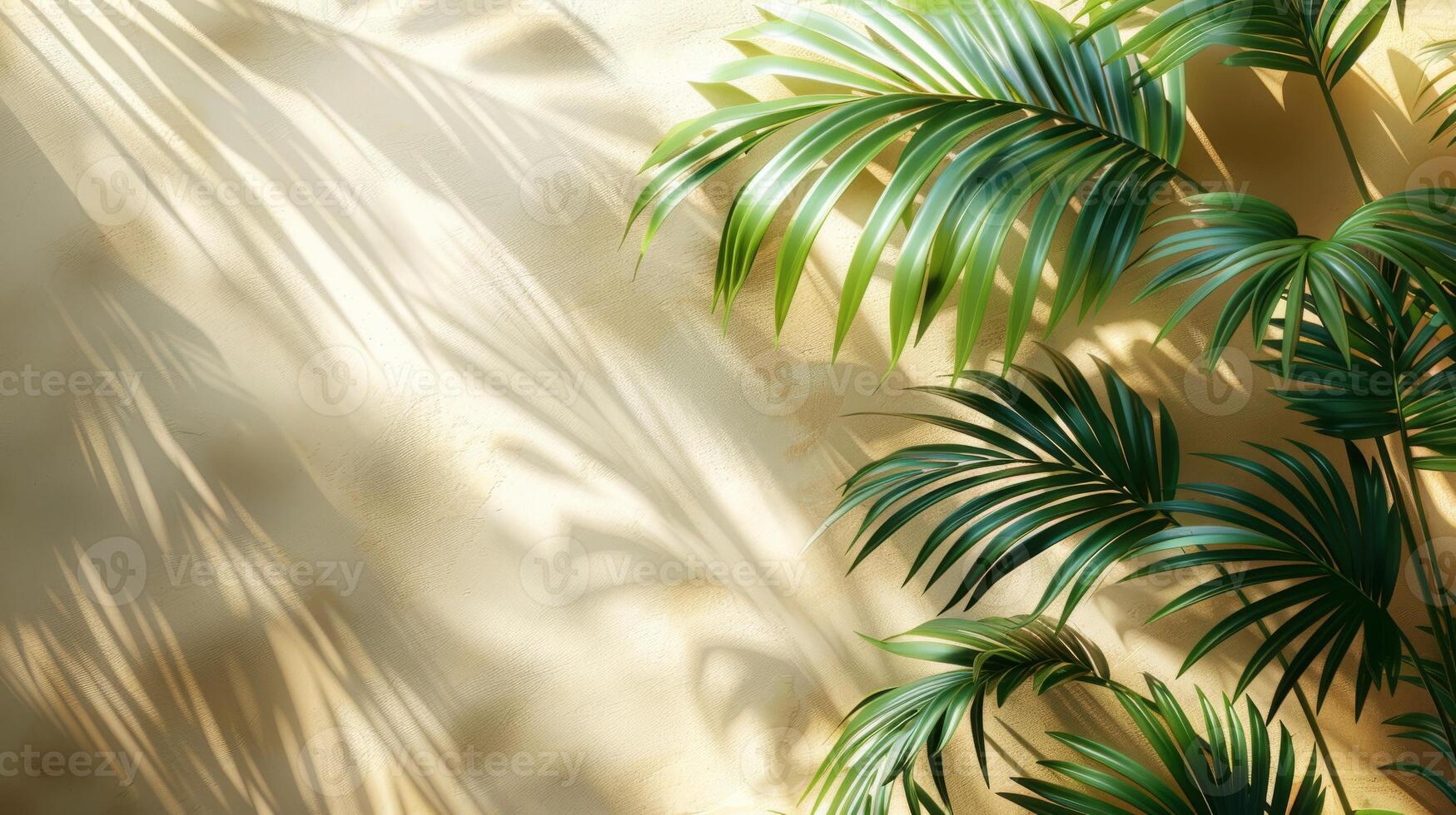 Beautiful palm leaves create elegant shadows on a beige wall, casting a serene ambiance with a touch of natures beauty photo