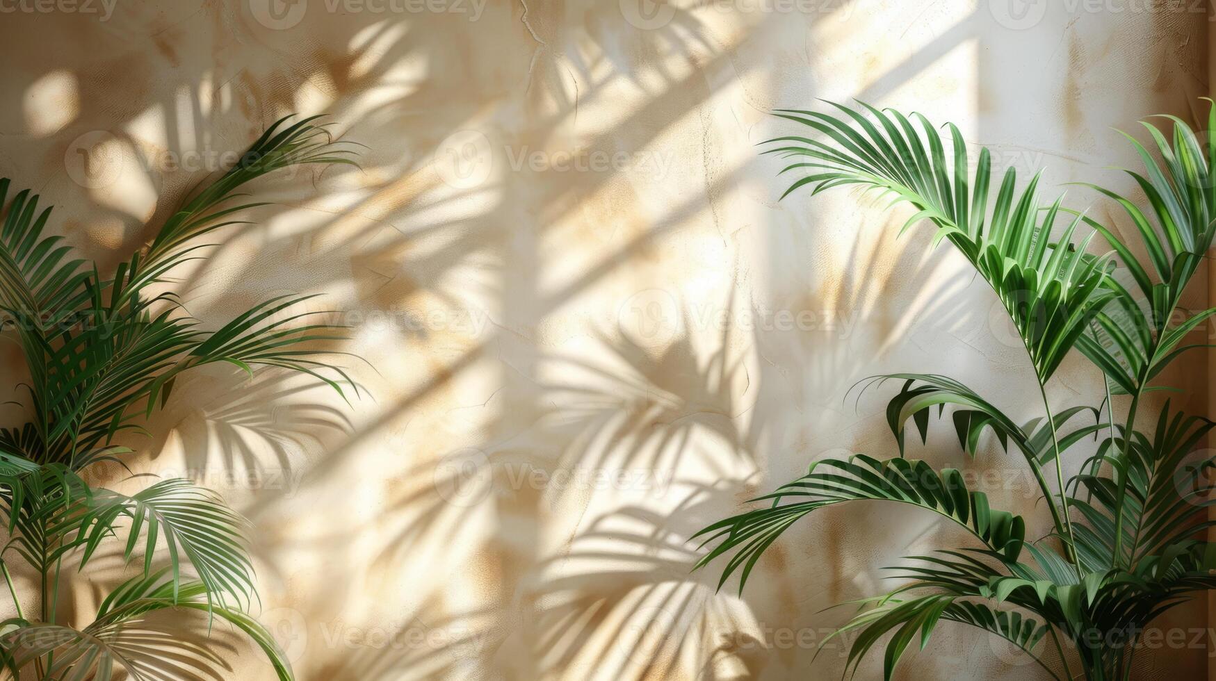 Beautiful palm leaves create elegant shadows on a beige wall, casting a serene ambiance with a touch of natures beauty photo