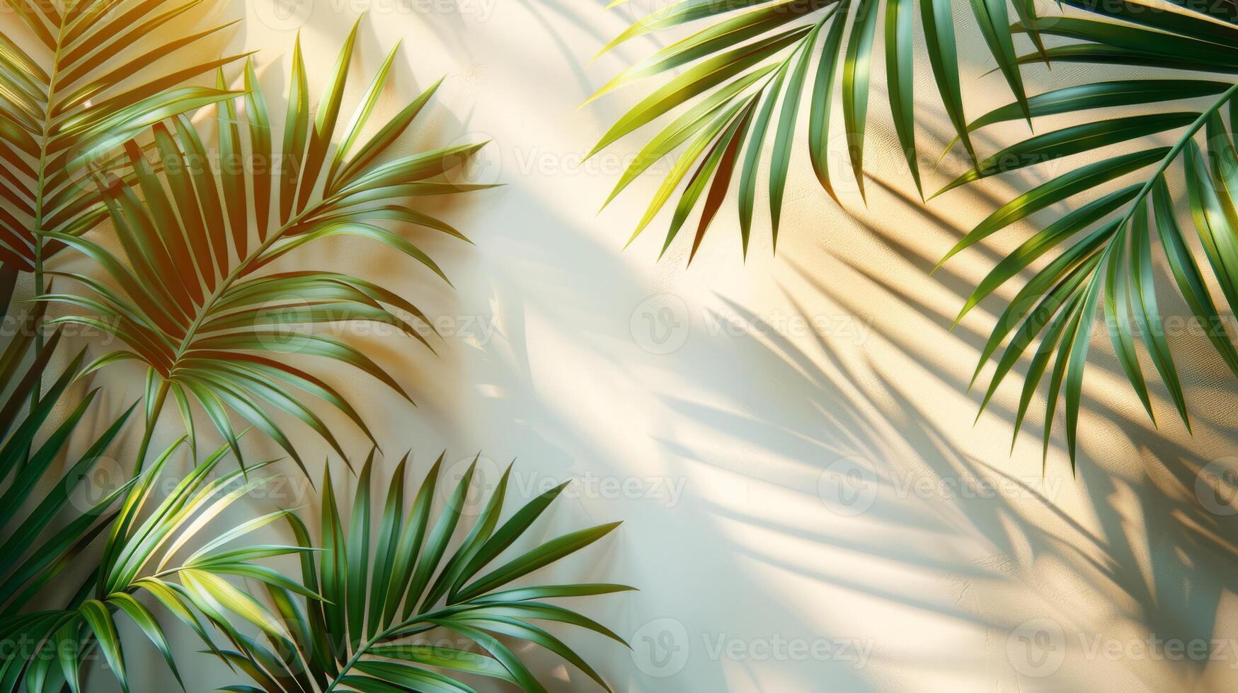 Beautiful palm leaves create elegant shadows on a beige wall, casting a serene ambiance with a touch of natures beauty photo
