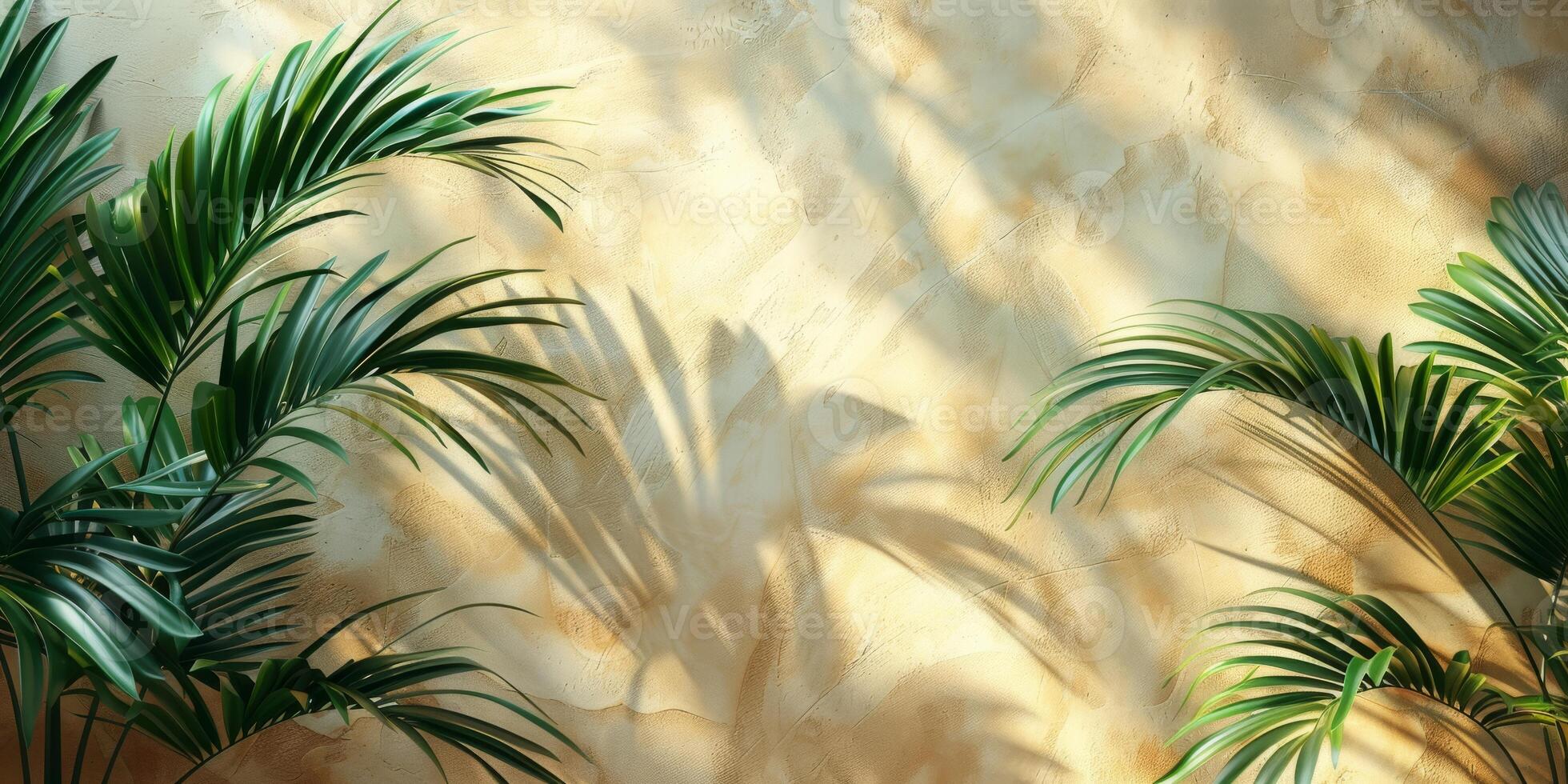 Beautiful palm leaves create elegant shadows on a beige wall, casting a serene ambiance with a touch of natures beauty photo