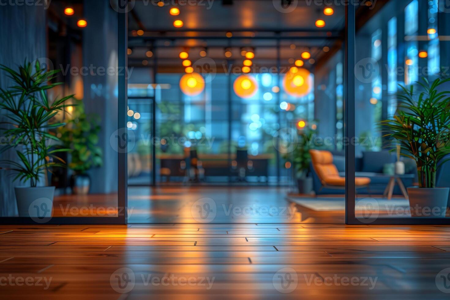 Enter a stylish and contemporary reception area with wooden flooring, indoor plants, and cozy lighting, creating a warm and inviting atmosphere suitable for business and office settings photo