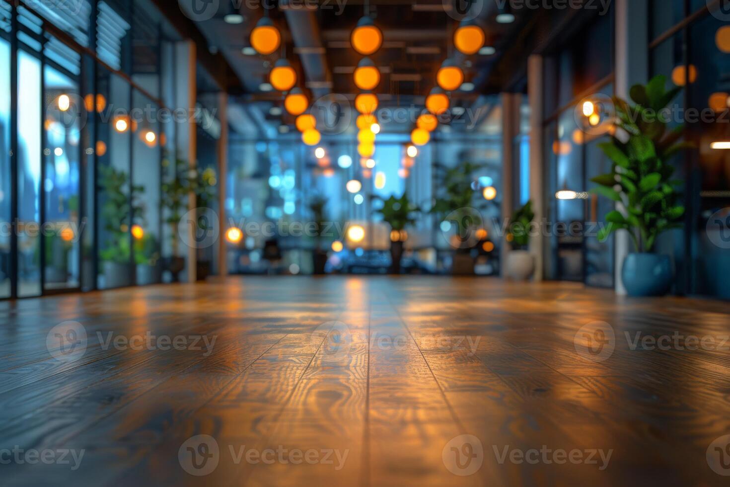 Enter a stylish and contemporary reception area with wooden flooring, indoor plants, and cozy lighting, creating a warm and inviting atmosphere suitable for business and office settings photo