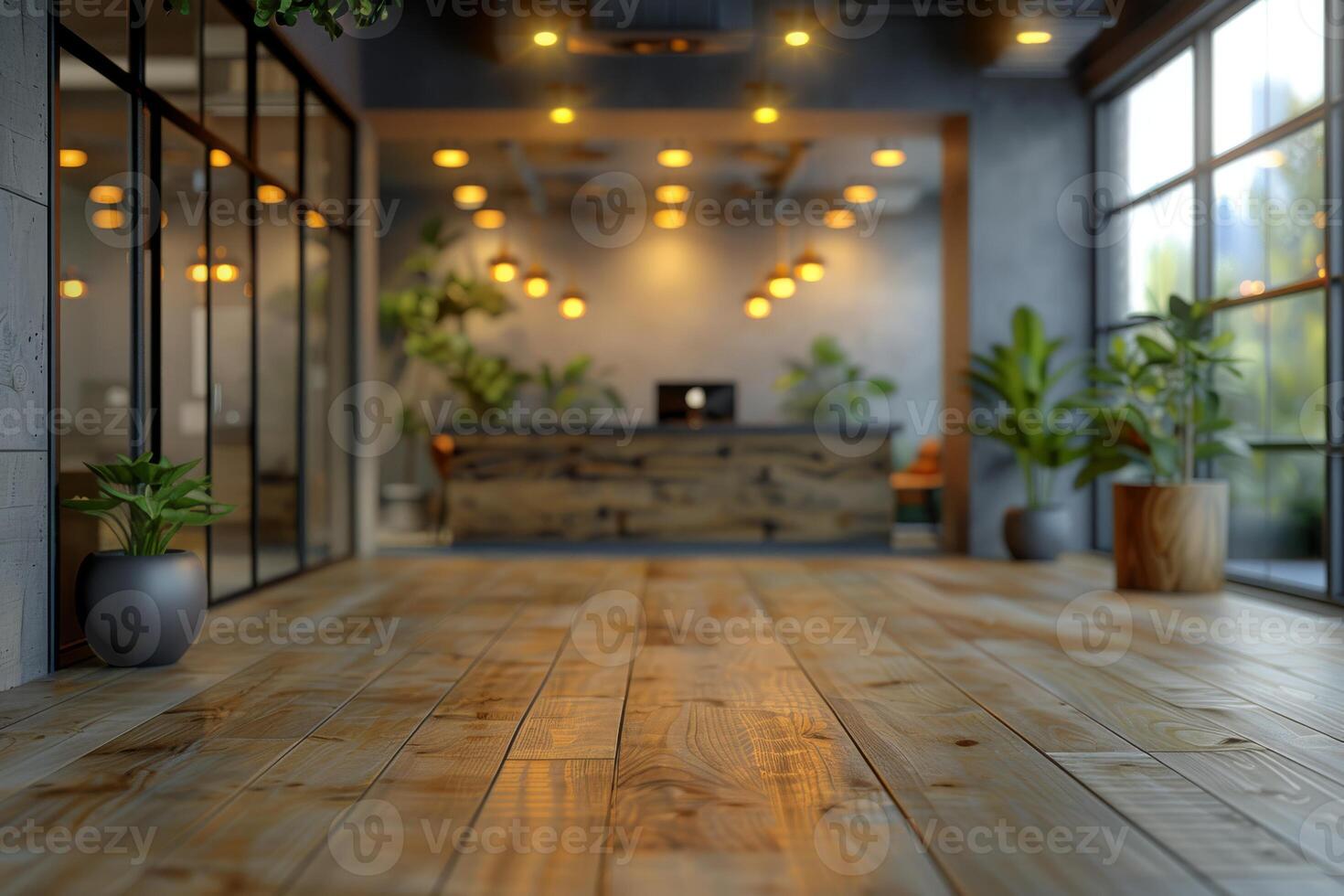 Enter a stylish and contemporary reception area with wooden flooring, indoor plants, and cozy lighting, creating a warm and inviting atmosphere suitable for business and office settings photo