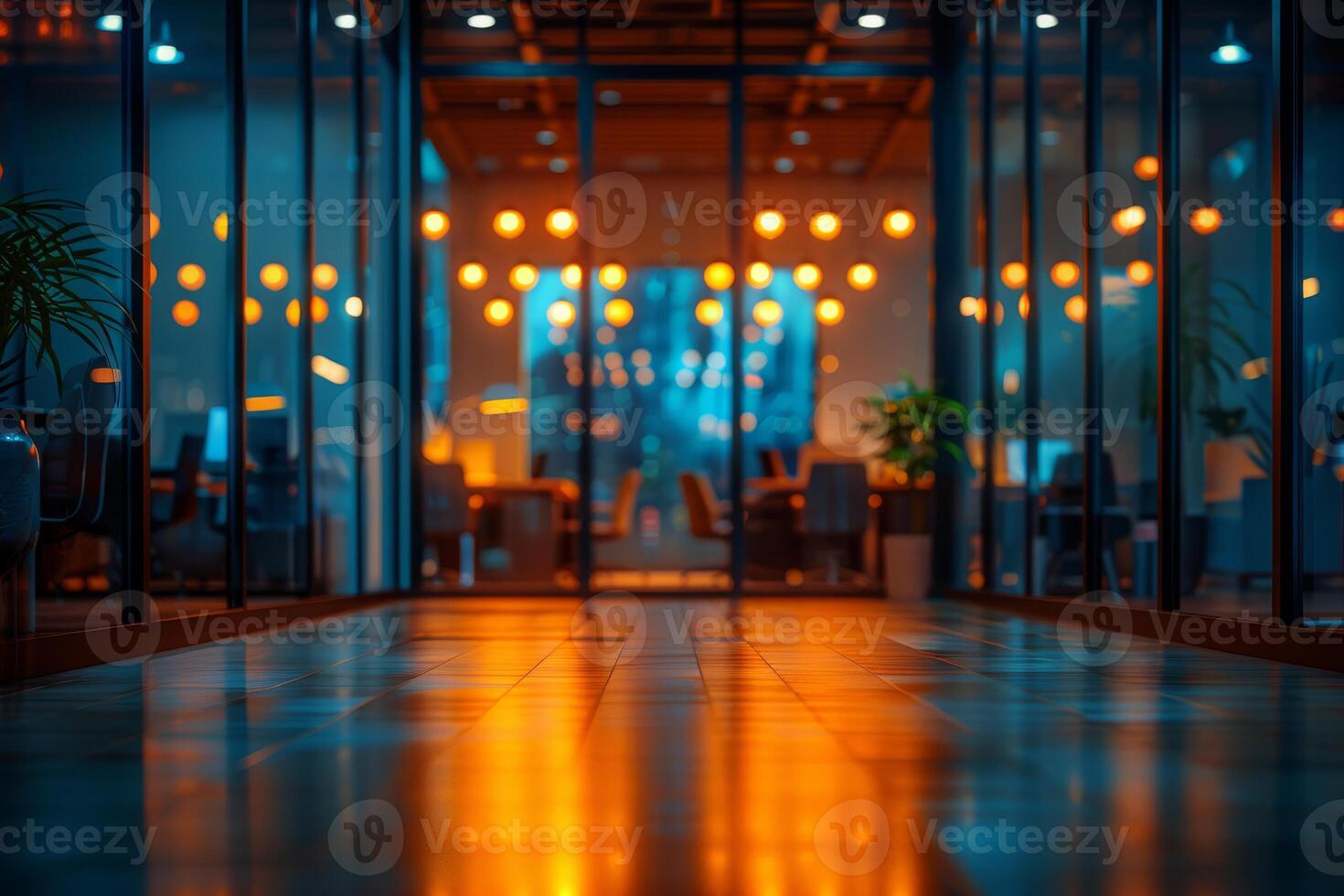 Enter a stylish and contemporary reception area with wooden flooring, indoor plants, and cozy lighting, creating a warm and inviting atmosphere suitable for business and office settings photo