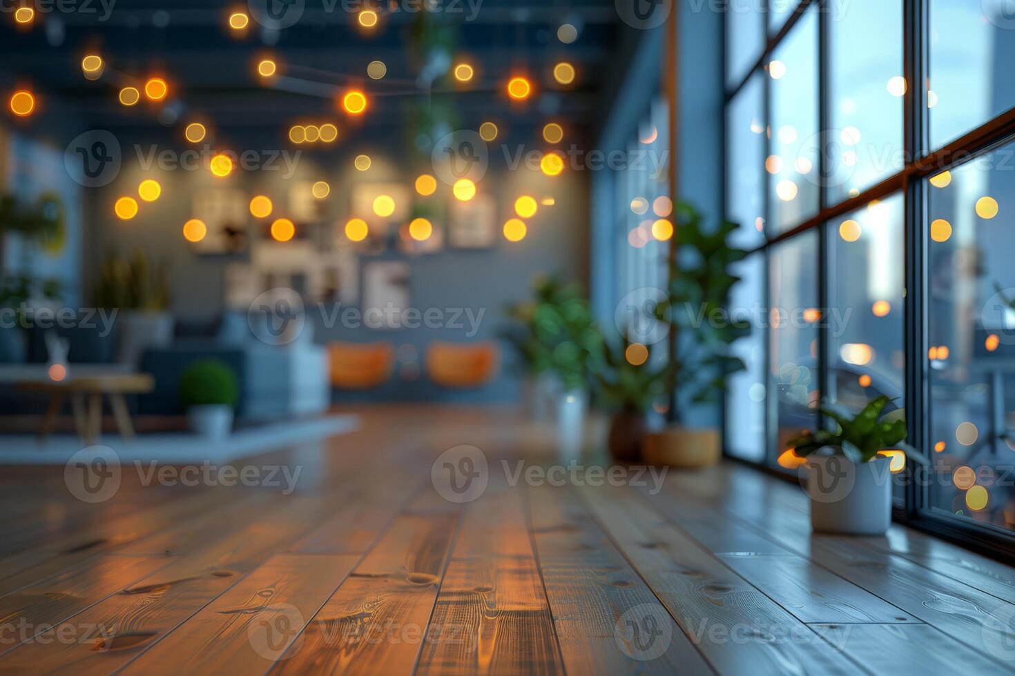 Enter a stylish and contemporary reception area with wooden flooring, indoor plants, and cozy lighting, creating a warm and inviting atmosphere suitable for business and office settings photo