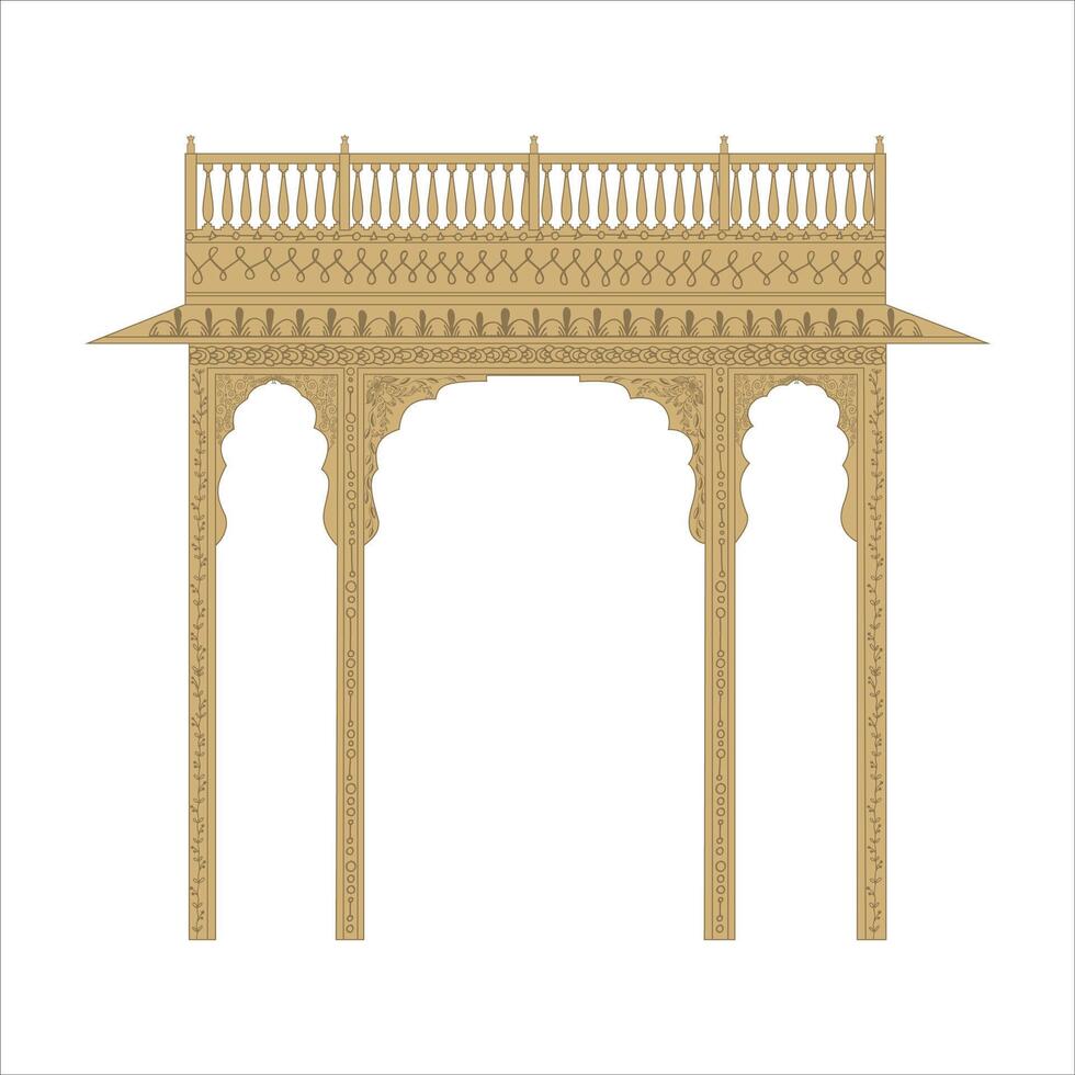 A flat, two-dimensional illustration of an ornate archway with three arches, showcasing intricate patterns and a decorative railing on top. vector