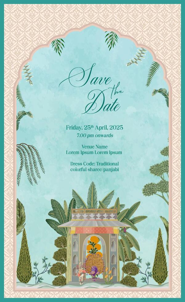 Decorative frame with a garden scene Mughal wedding invitation card design, featuring plants, an Indian-style gazebo, tropical trees, a peacock, and watercolor background vector