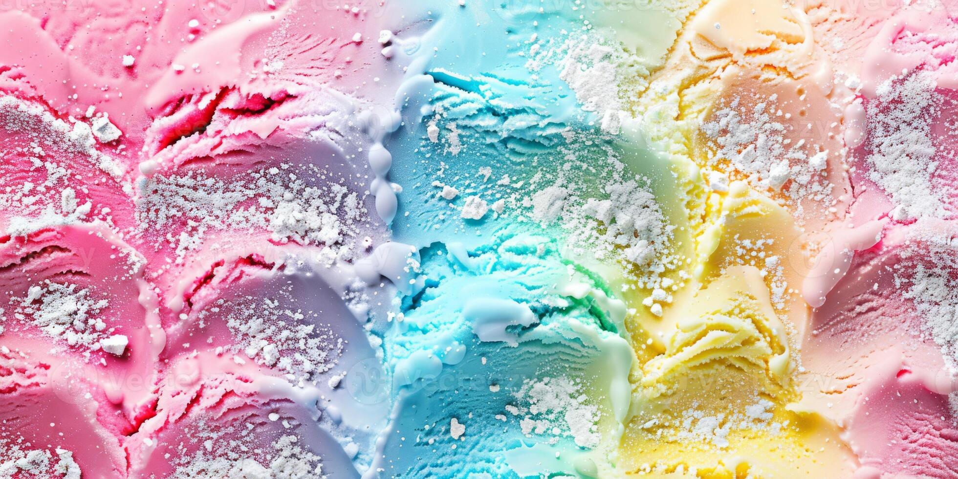 Colorful rainbow ice cream is a whimsical treat with vibrant colors, inviting everyone to enjoy its tempting flavors. Sweet, creamy, perfect for summer and sure to brighten any day photo