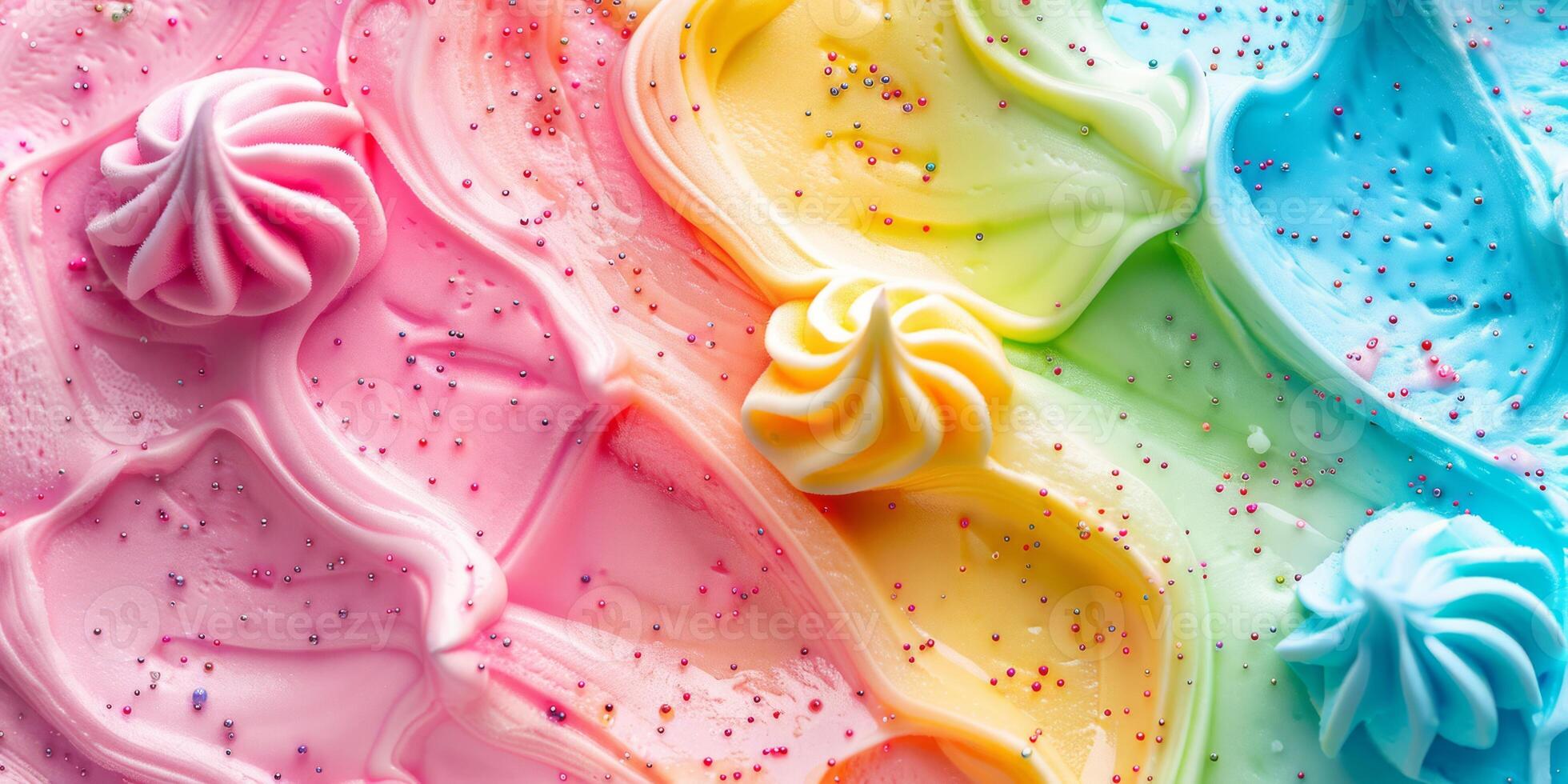 Colorful rainbow ice cream is a whimsical treat with vibrant colors, inviting everyone to enjoy its tempting flavors. Sweet, creamy, perfect for summer and sure to brighten any day photo