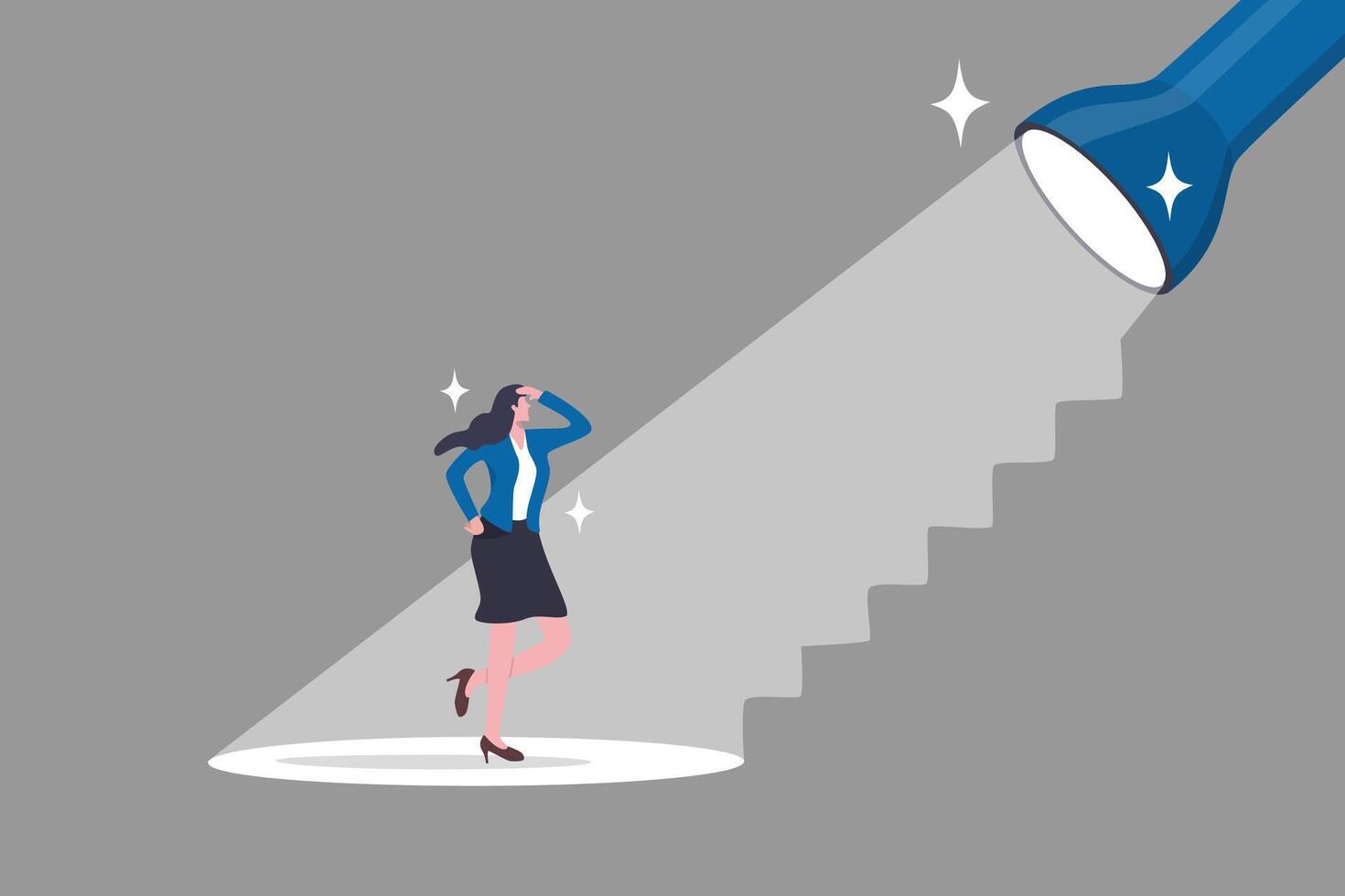 Career guidance or advice to step up career path, business direction or spotlight to success, discover talent or job candidate concept, flashlight staircase light beam to step up for businesswoman. vector