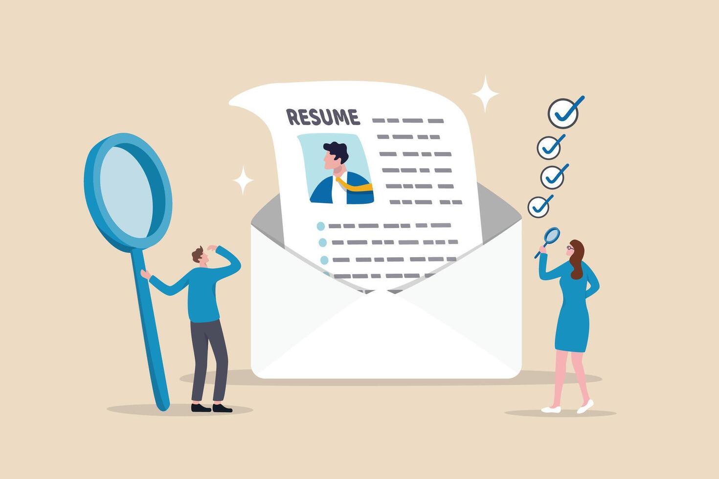 Review candidate resume, talent validation or scan to choose applicant on vacancy, employment or recruitment, HR human resources concept, business people HR staff review candidate resume email. vector