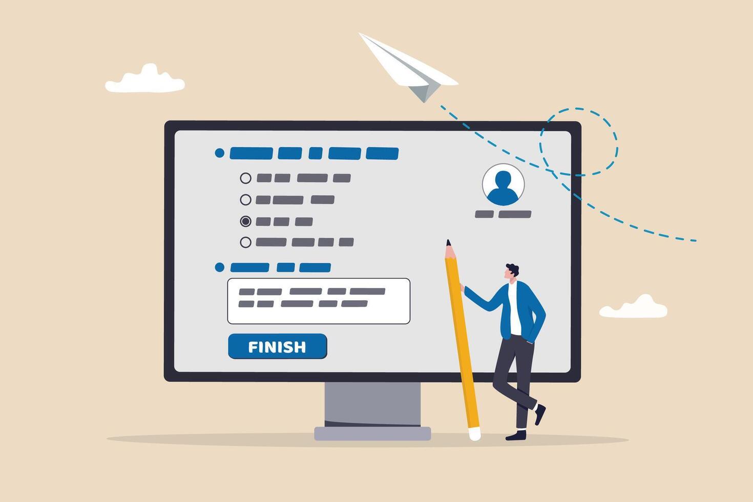 Online questionnaire survey, customer feedback choice or checklist, internet exam, opinion or comment, answer question, surveyor poll concept, man with pencil finish online questionnaire on computer. vector