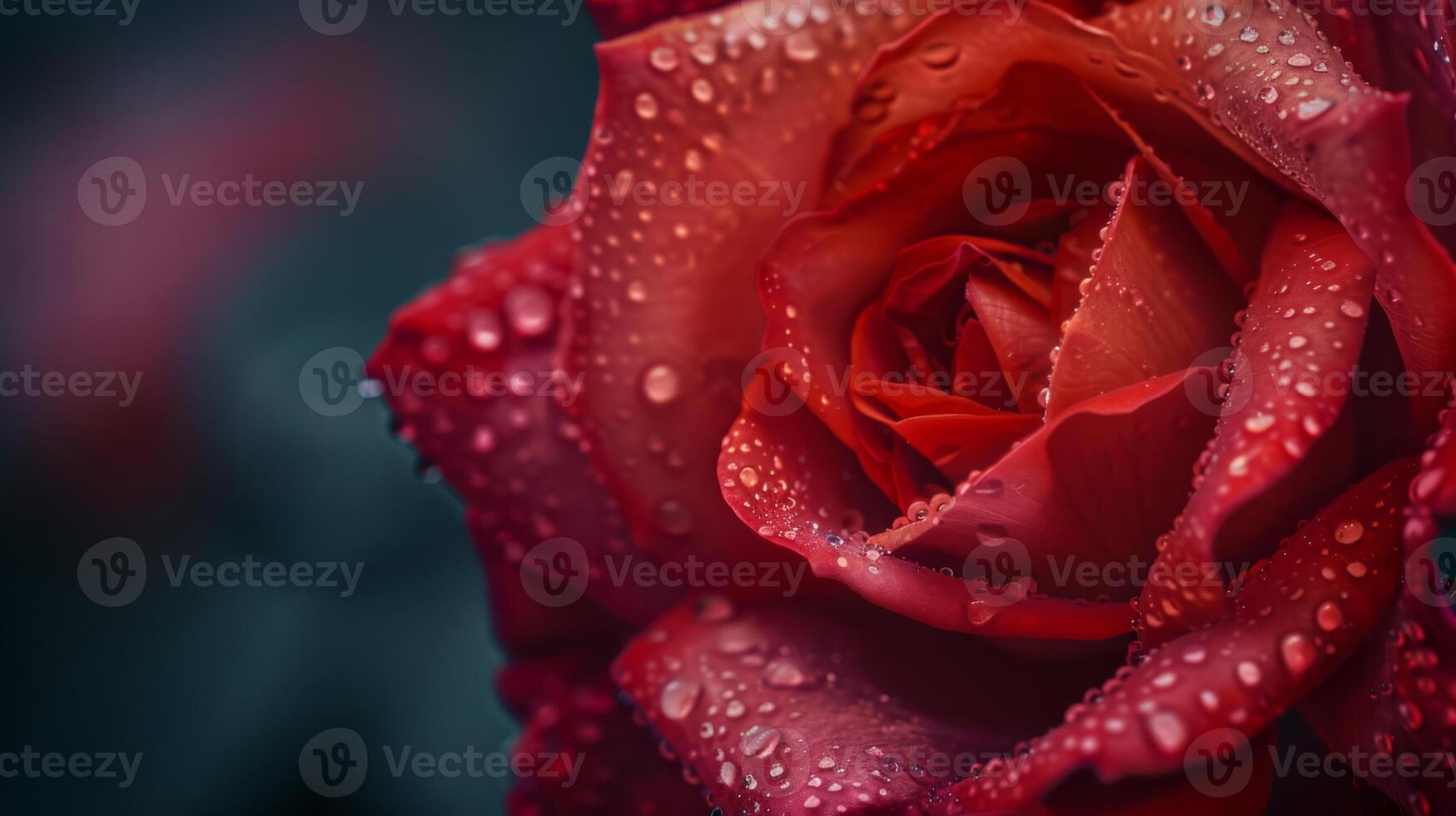 A beautiful closeup shot captures the details of a vibrant red rose covered in dew drops, highlighting its texture and color. Perfect for projects related to romance, nature, and flowers photo