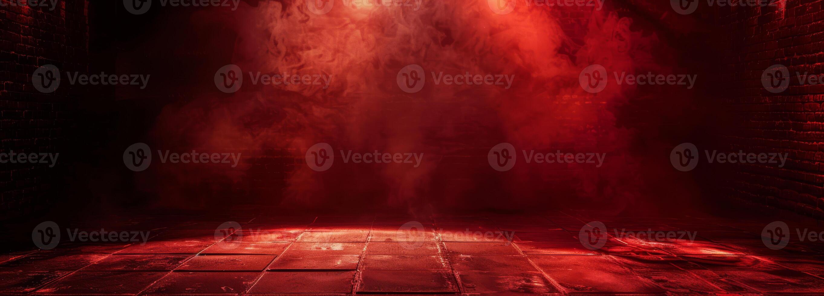 Smoke, Fog, Steam, Red Dark Podium, Night Retro Brick Stage, Garage Room, Corridor, bar, Empty Space with Spot Lights Realistic Background. 3D Rendering Illustration. High quality photo