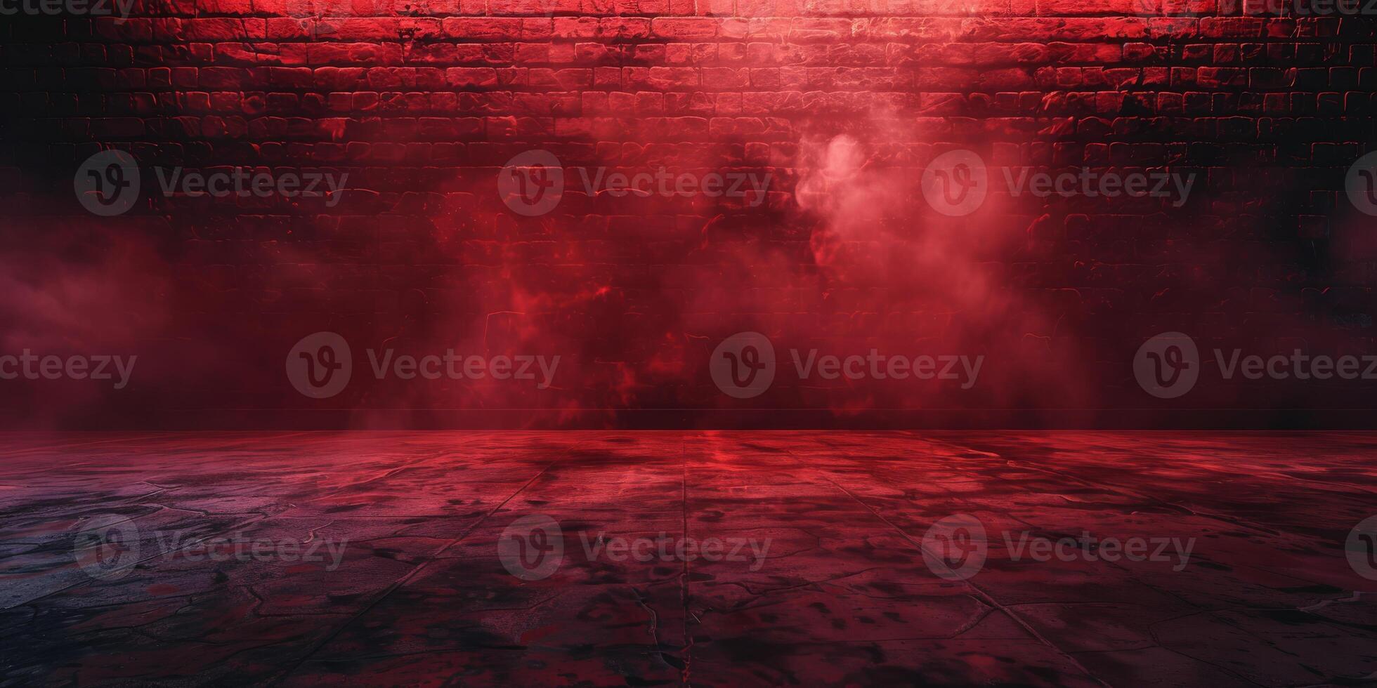 Smoke, Fog, Steam, Red Dark Podium, Night Retro Brick Stage, Garage Room, Corridor, bar, Empty Space with Spot Lights Realistic Background. 3D Rendering Illustration. High quality photo