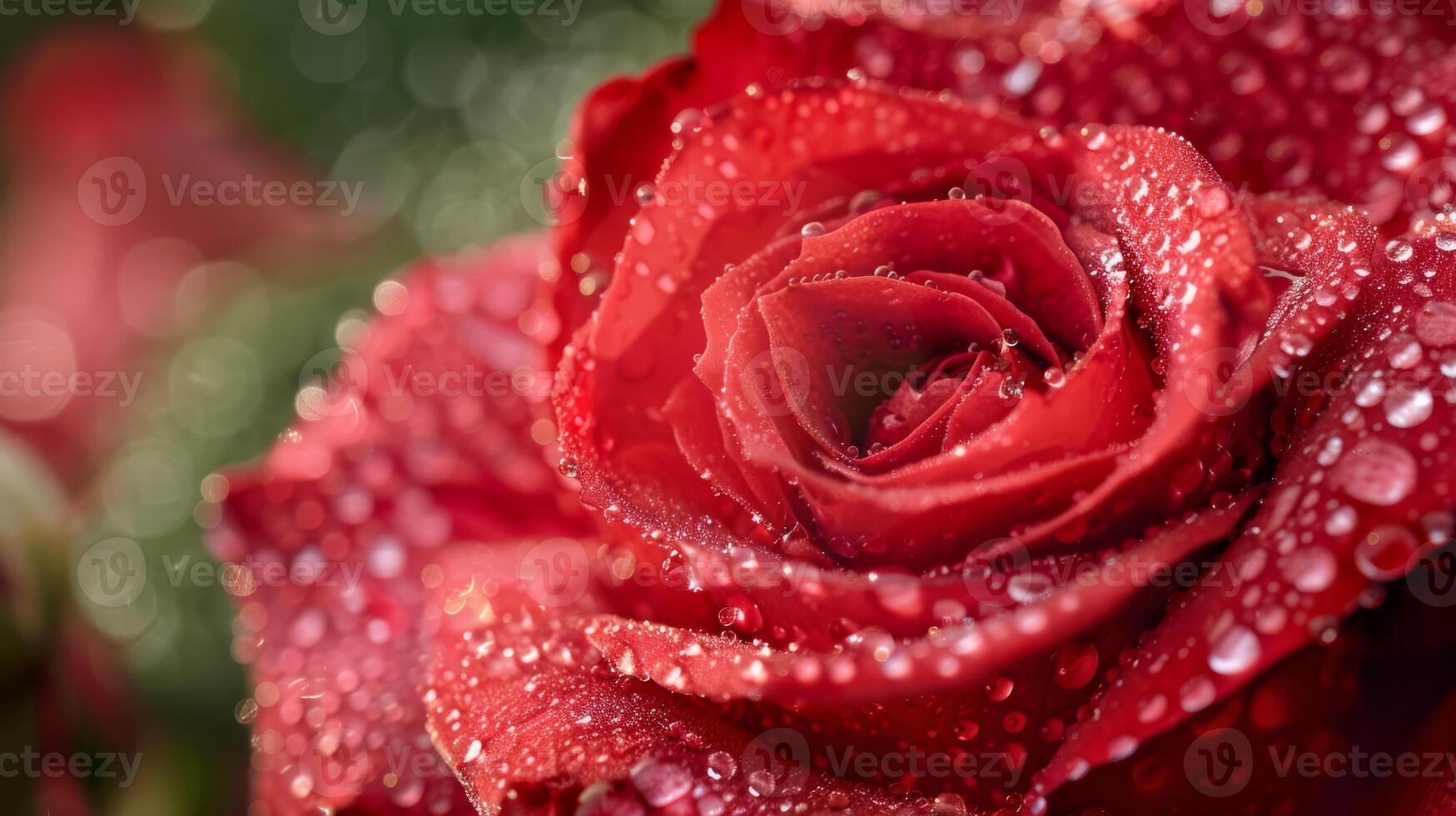 A beautiful closeup shot captures the details of a vibrant red rose covered in dew drops, highlighting its texture and color. Perfect for projects related to romance, nature, and flowers photo