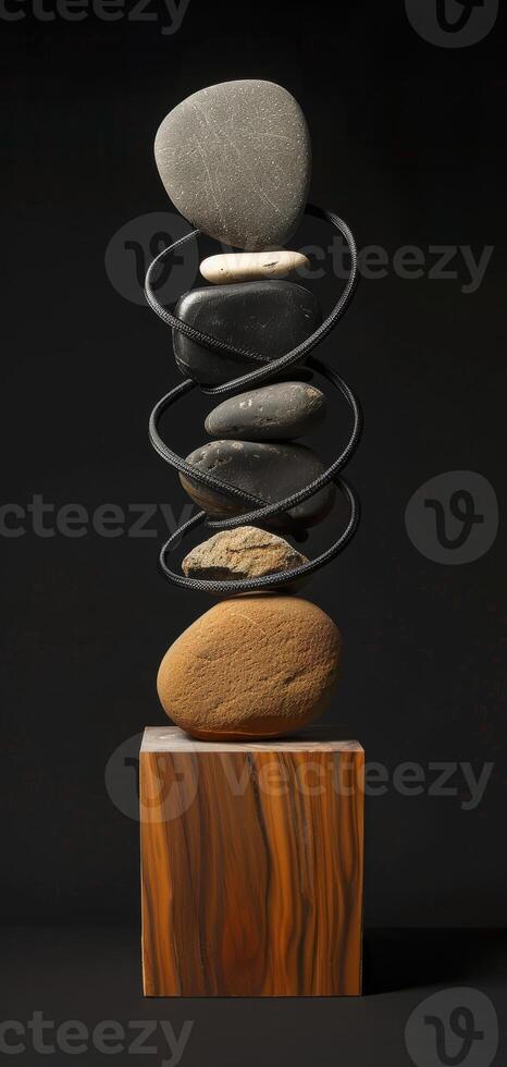 An aesthetically pleasing sculpture featuring stones stacked on a wooden base against a black backdrop, displayed vertically. The artwork in a minimalist style. Phone wallpaper photo