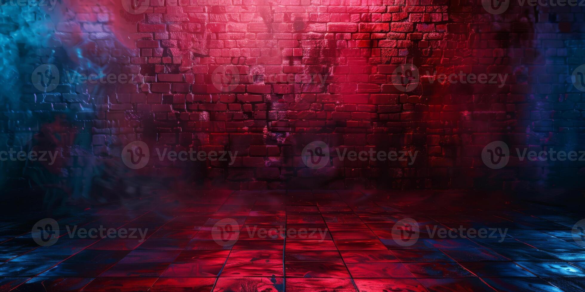 Smoke, Fog, Steam, Red Dark Podium, Night Retro Brick Stage, Garage Room, Corridor, bar, Empty Space with Spot Lights Realistic Background. 3D Rendering Illustration. High quality photo