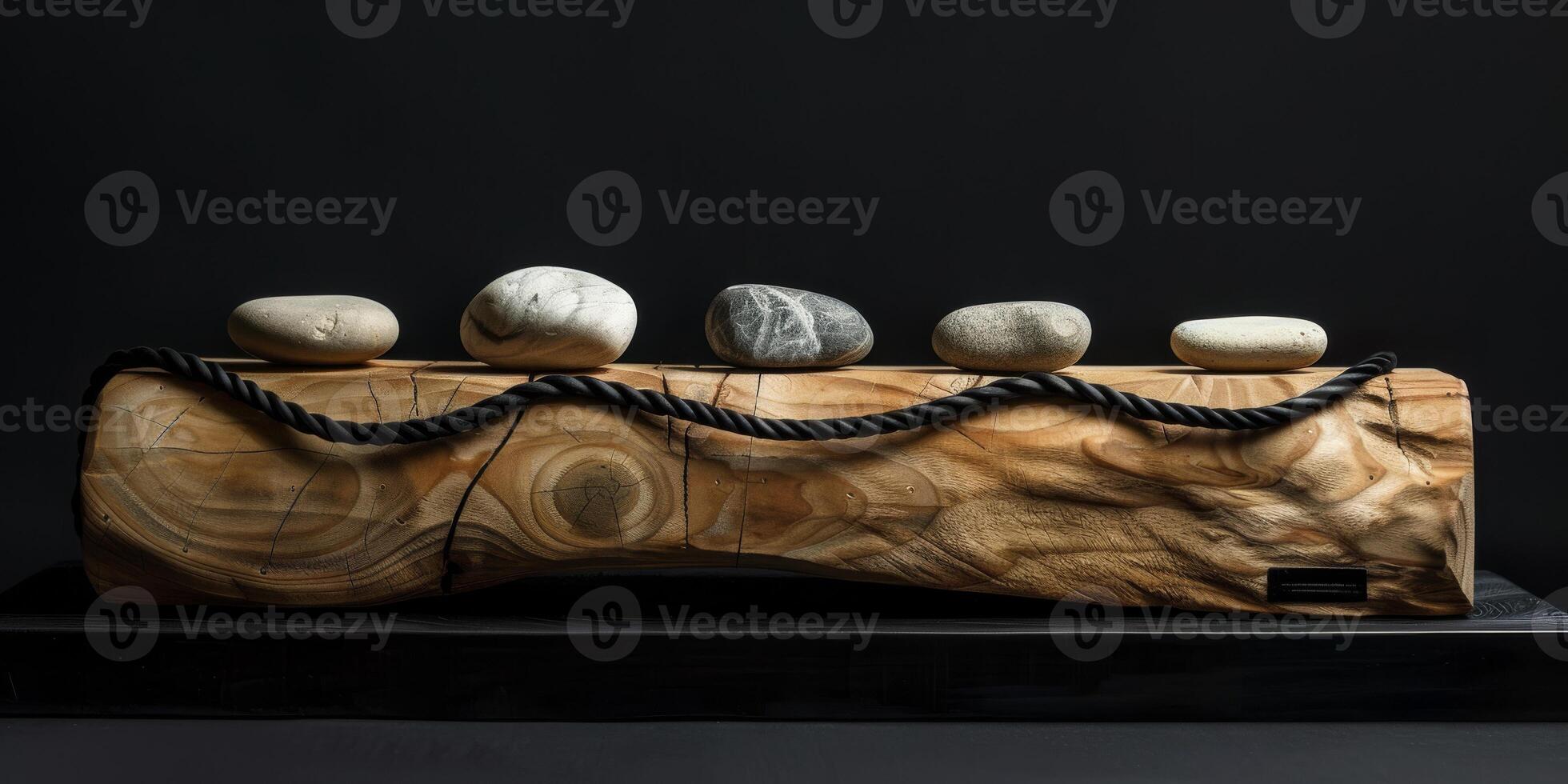 A serene sculpture with a wooden base, iron twists, and balanced stones creates tranquility by blending natural elements in a modern, minimalist design for an elegant and peaceful atmosphere photo
