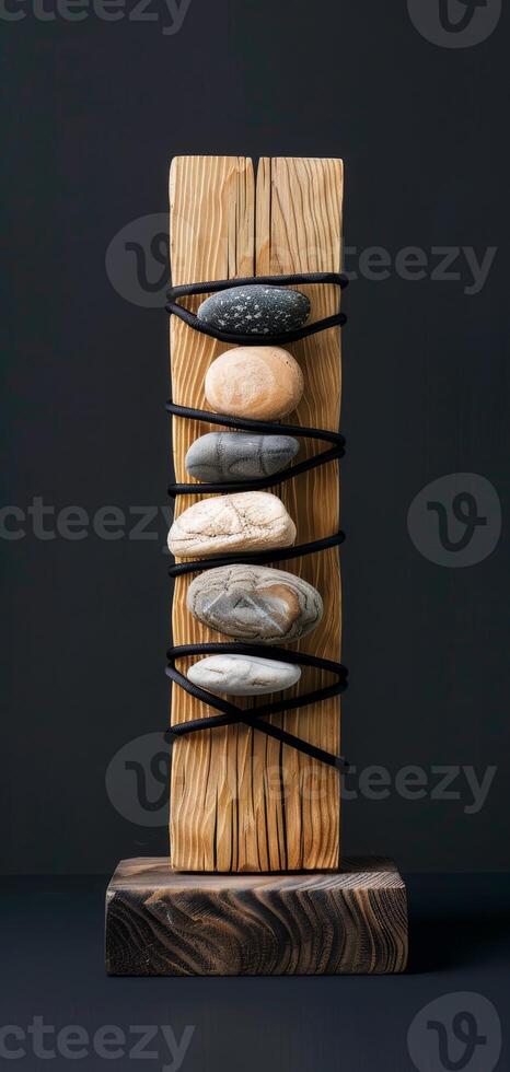 An artistic sculpture is created by combining stones and wooden blocks to display a mix of natural elements and craftsmanship, reflecting a modern art style with a variety of textures. Phone wallpaper photo