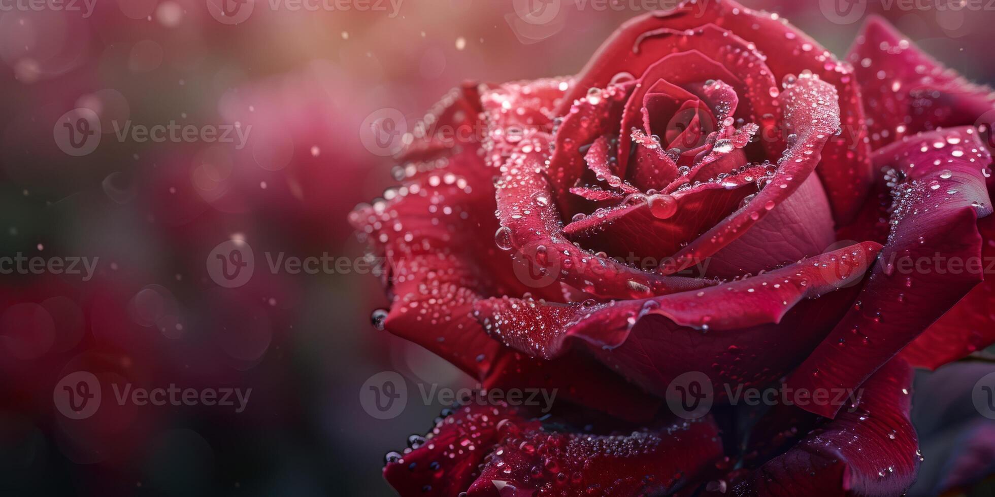 A beautiful closeup shot captures the details of a vibrant red rose covered in dew drops, highlighting its texture and color. Perfect for projects related to romance, nature, and flowers photo