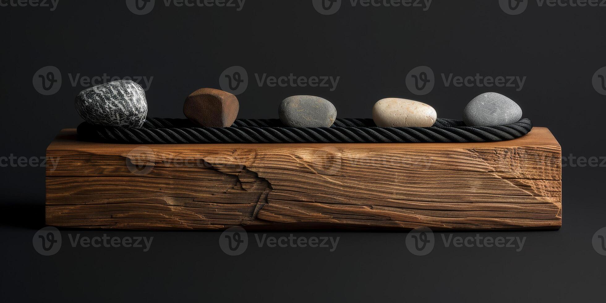 A serene sculpture with a wooden base, iron twists, and balanced stones creates tranquility by blending natural elements in a modern, minimalist design for an elegant and peaceful atmosphere photo