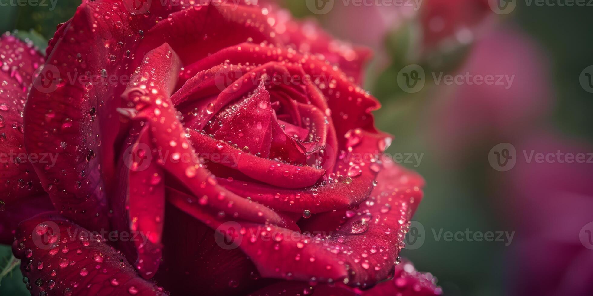 A beautiful closeup shot captures the details of a vibrant red rose covered in dew drops, highlighting its texture and color. Perfect for projects related to romance, nature, and flowers photo