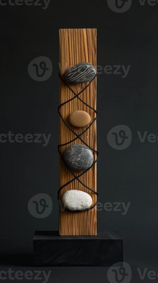 An artistic sculpture is created by combining stones and wooden blocks to display a mix of natural elements and craftsmanship, reflecting a modern art style with a variety of textures. Phone wallpaper photo