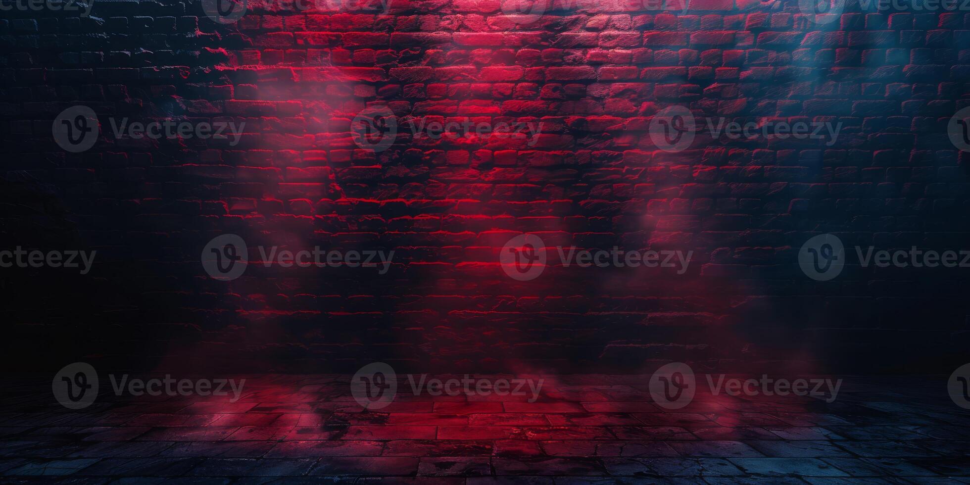 Smoke, Fog, Steam, Red Dark Podium, Night Retro Brick Stage, Garage Room, Corridor, bar, Empty Space with Spot Lights Realistic Background. 3D Rendering Illustration. High quality photo