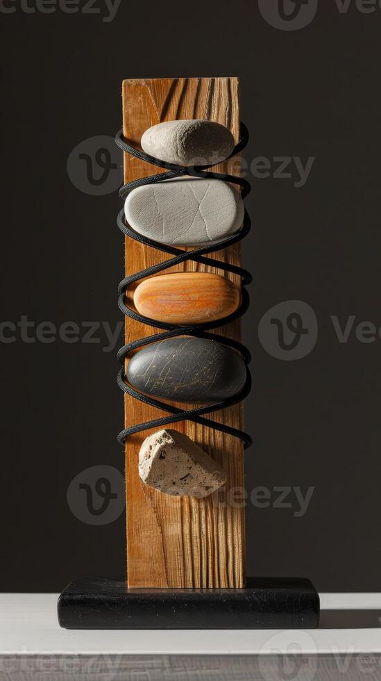 An artistic sculpture is created by combining stones and wooden blocks to display a mix of natural elements and craftsmanship, reflecting a modern art style with a variety of textures. Phone wallpaper photo