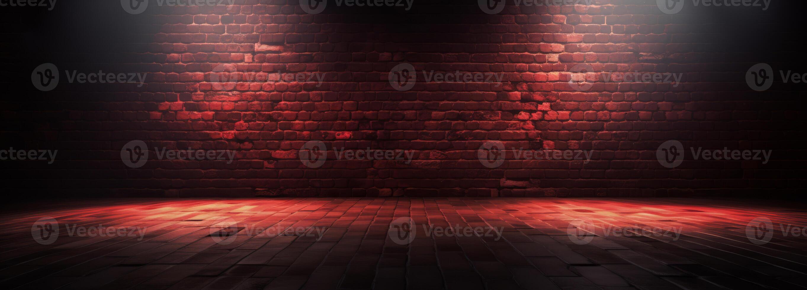 Smoke, Fog, Steam, Red Dark Podium, Night Retro Brick Stage, Garage Room, Corridor, bar, Empty Space with Spot Lights Realistic Background. 3D Rendering Illustration. High quality photo