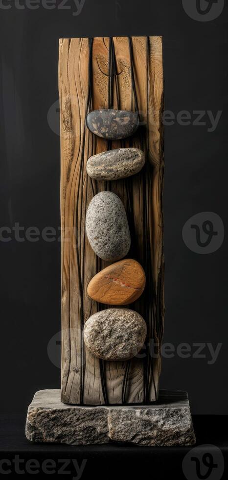 An artistic sculpture is created by combining stones and wooden blocks to display a mix of natural elements and craftsmanship, reflecting a modern art style with a variety of textures. Phone wallpaper photo
