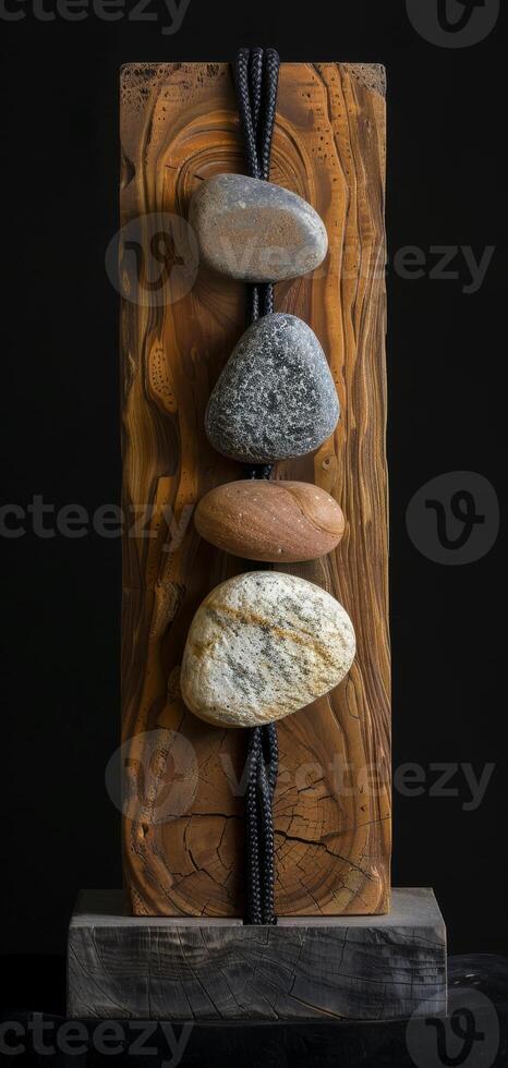 An artistic sculpture is created by combining stones and wooden blocks to display a mix of natural elements and craftsmanship, reflecting a modern art style with a variety of textures. Phone wallpaper photo