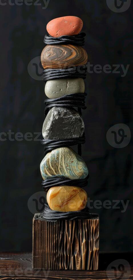 An aesthetically pleasing sculpture featuring stones stacked on a wooden base against a black backdrop, displayed vertically. The artwork in a minimalist style. Phone wallpaper photo