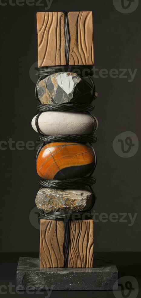 An artistic sculpture is created by combining stones and wooden blocks to display a mix of natural elements and craftsmanship, reflecting a modern art style with a variety of textures. Phone wallpaper photo