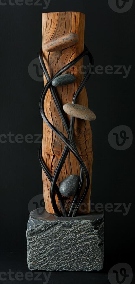 An artistic sculpture is created by combining stones and wooden blocks to display a mix of natural elements and craftsmanship, reflecting a modern art style with a variety of textures. Phone wallpaper photo