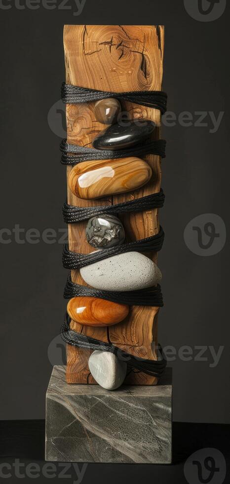 An artistic sculpture is created by combining stones and wooden blocks to display a mix of natural elements and craftsmanship, reflecting a modern art style with a variety of textures. Phone wallpaper photo