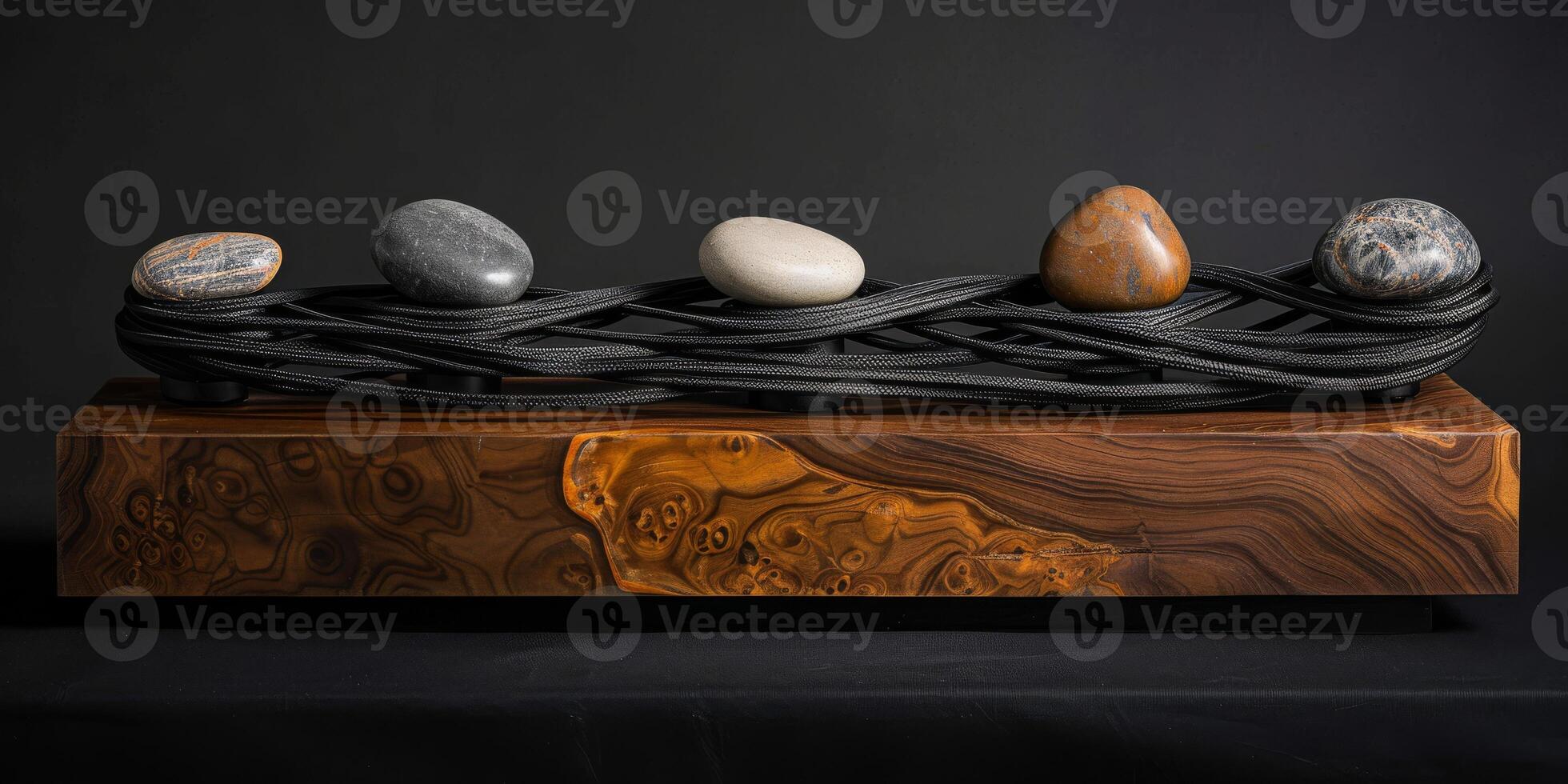 A serene sculpture with a wooden base, iron twists, and balanced stones creates tranquility by blending natural elements in a modern, minimalist design for an elegant and peaceful atmosphere photo