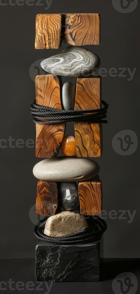 An artistic sculpture is created by combining stones and wooden blocks to display a mix of natural elements and craftsmanship, reflecting a modern art style with a variety of textures. Phone wallpaper photo
