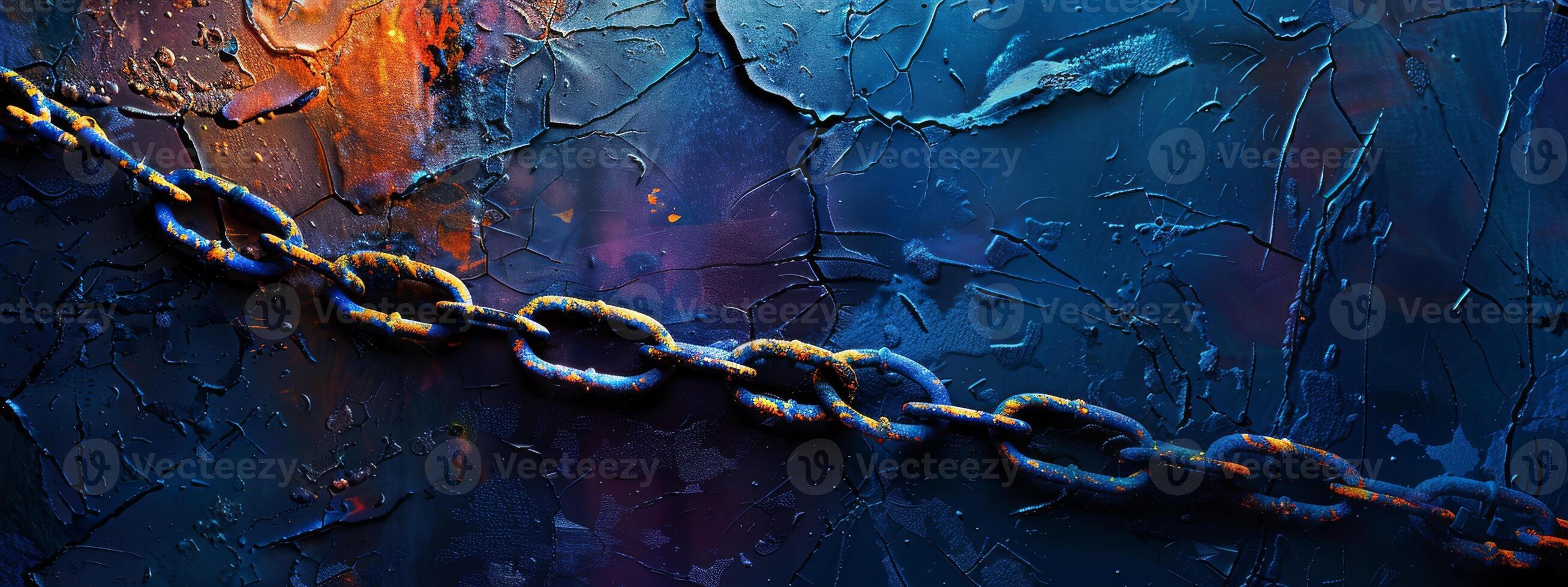 3D Rendering of metal chains in glowing blue and orange color on dark background. Grunge old broken chains, splats and stains. Concept for block chain technology, node connections. High quality photo