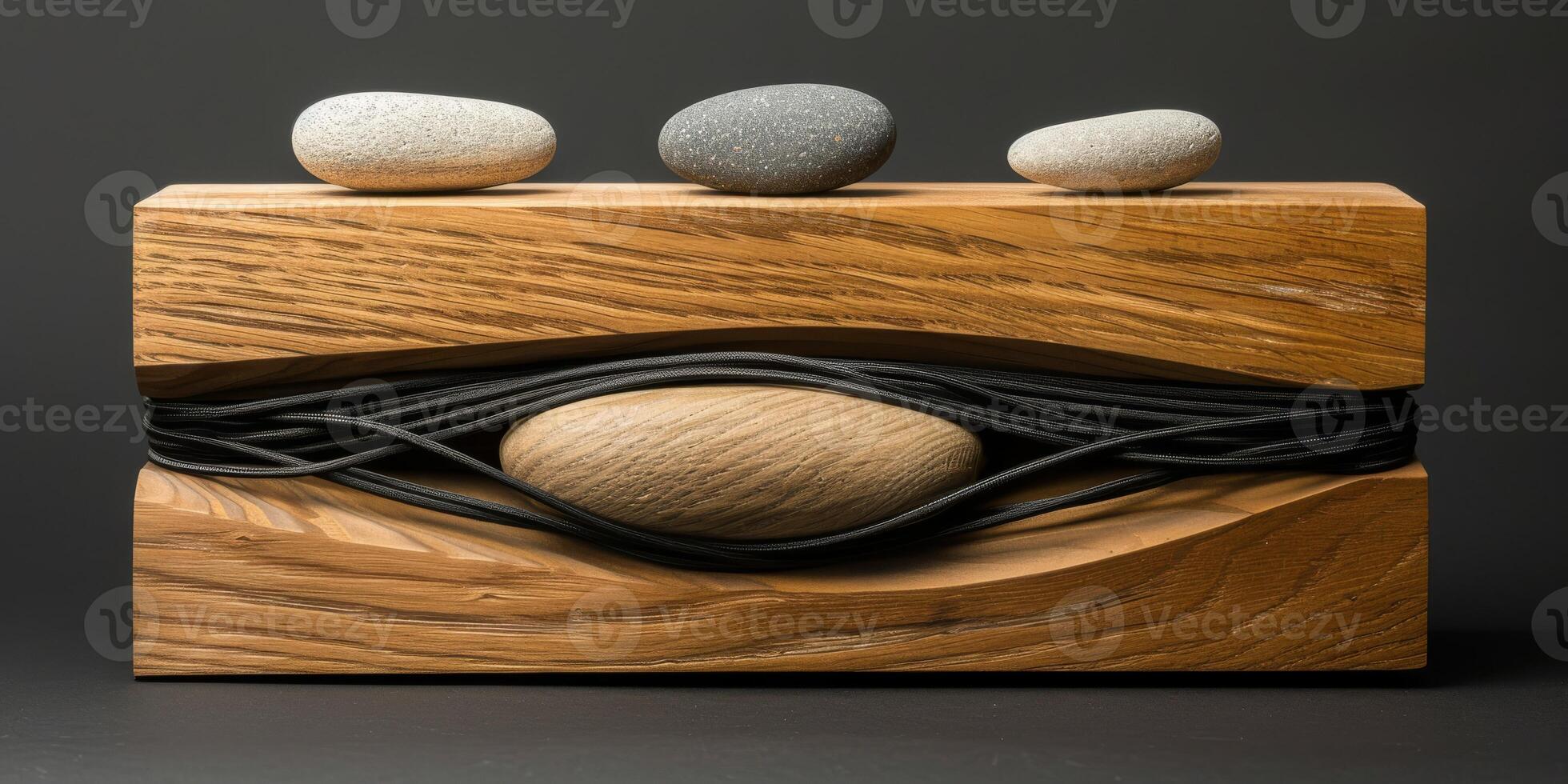 A serene sculpture with a wooden base, iron twists, and balanced stones creates tranquility by blending natural elements in a modern, minimalist design for an elegant and peaceful atmosphere photo