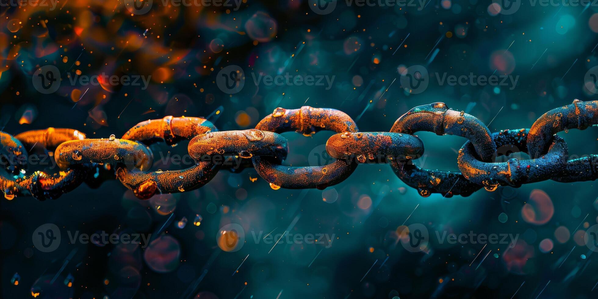 3D Rendering of metal chains in glowing blue and orange color on dark background. Grunge old broken chains, splats and stains. Concept for block chain technology, node connections. High quality photo
