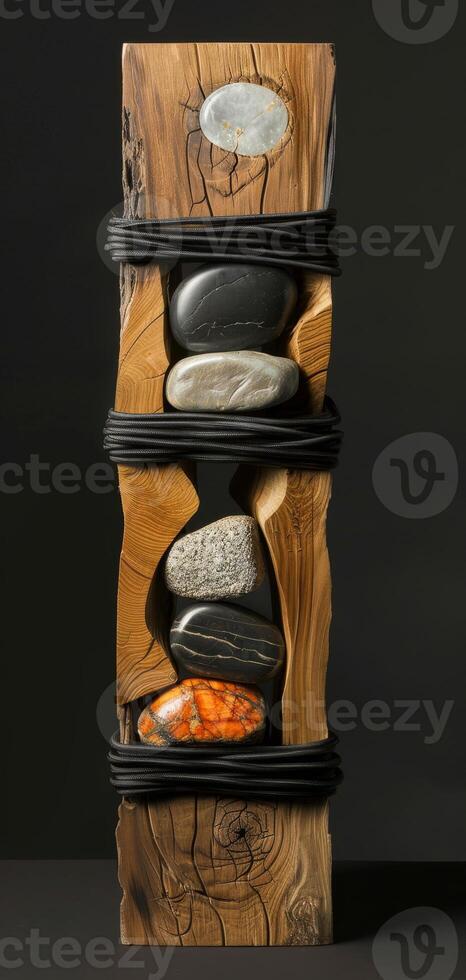 An artistic sculpture is created by combining stones and wooden blocks to display a mix of natural elements and craftsmanship, reflecting a modern art style with a variety of textures. Phone wallpaper photo