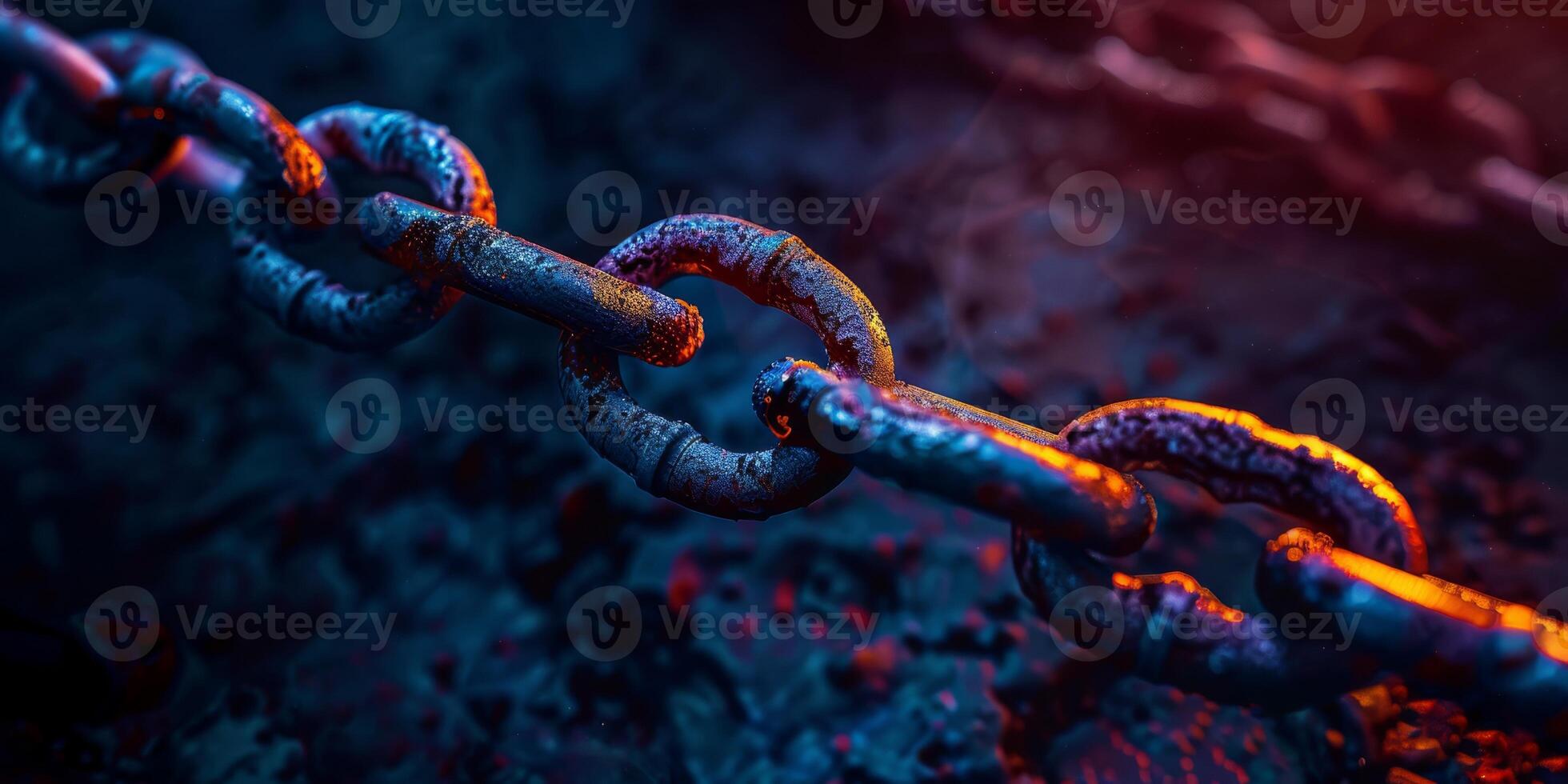 3D Rendering of metal chains in glowing blue and orange color on dark background. Grunge old broken chains, splats and stains. Concept for block chain technology, node connections. High quality photo