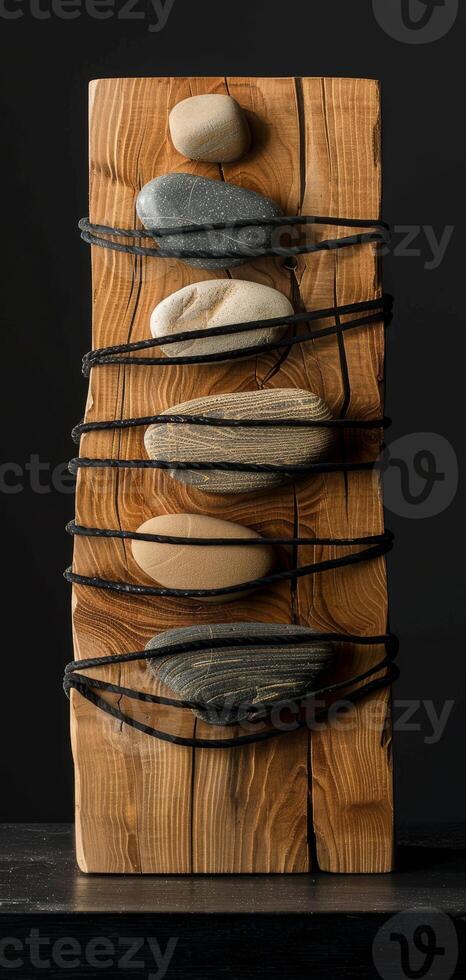 An artistic sculpture is created by combining stones and wooden blocks to display a mix of natural elements and craftsmanship, reflecting a modern art style with a variety of textures. Phone wallpaper photo
